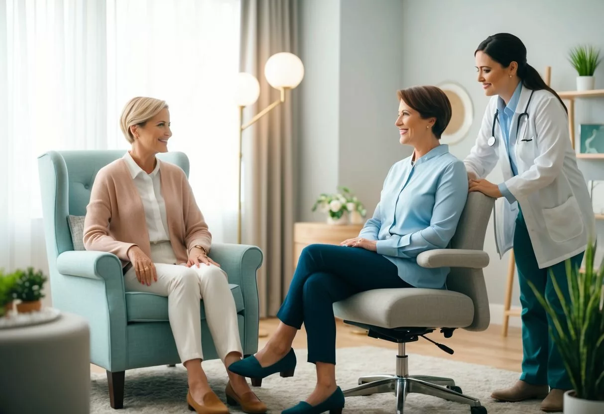 A person sitting in a comfortable chair, talking to a therapist in a cozy office with soft lighting and calming decor