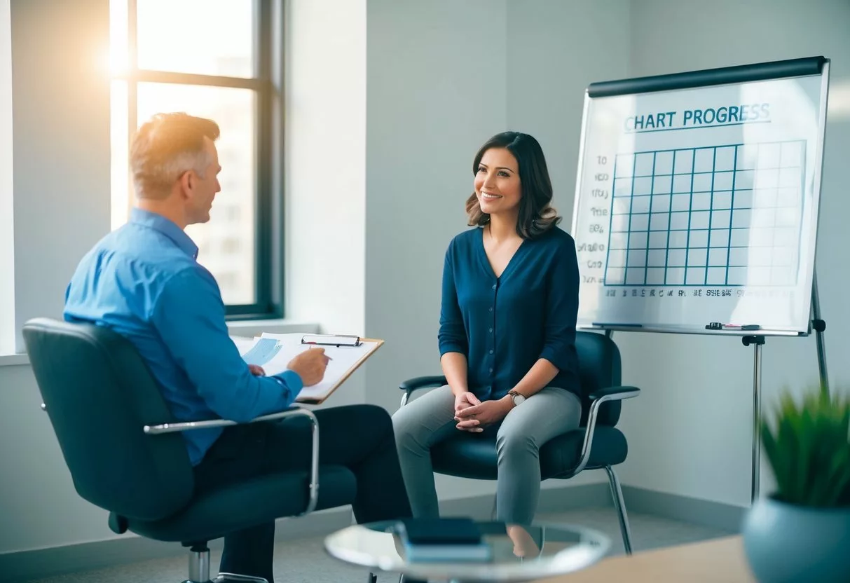 A person sitting in a chair, talking to a therapist in an office setting, with a whiteboard displaying a chart of progress