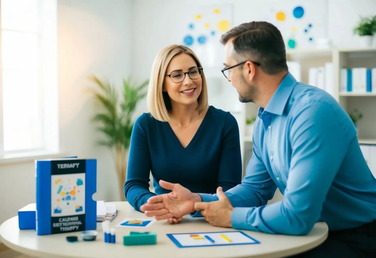 A person engaged in conversation with a therapist, surrounded by visual aids and tools for cognitive behavioral therapy