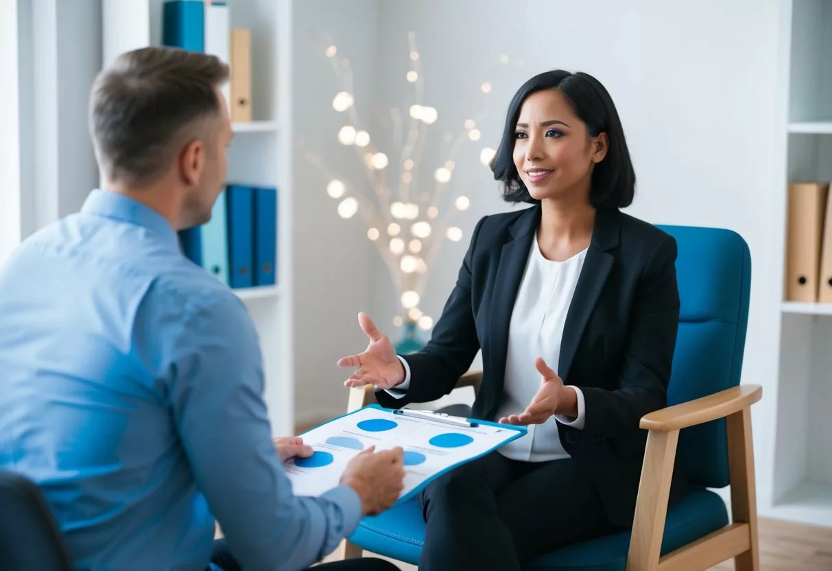 A person sitting in a chair facing a therapist, engaged in conversation and using worksheets to identify and challenge negative thought patterns