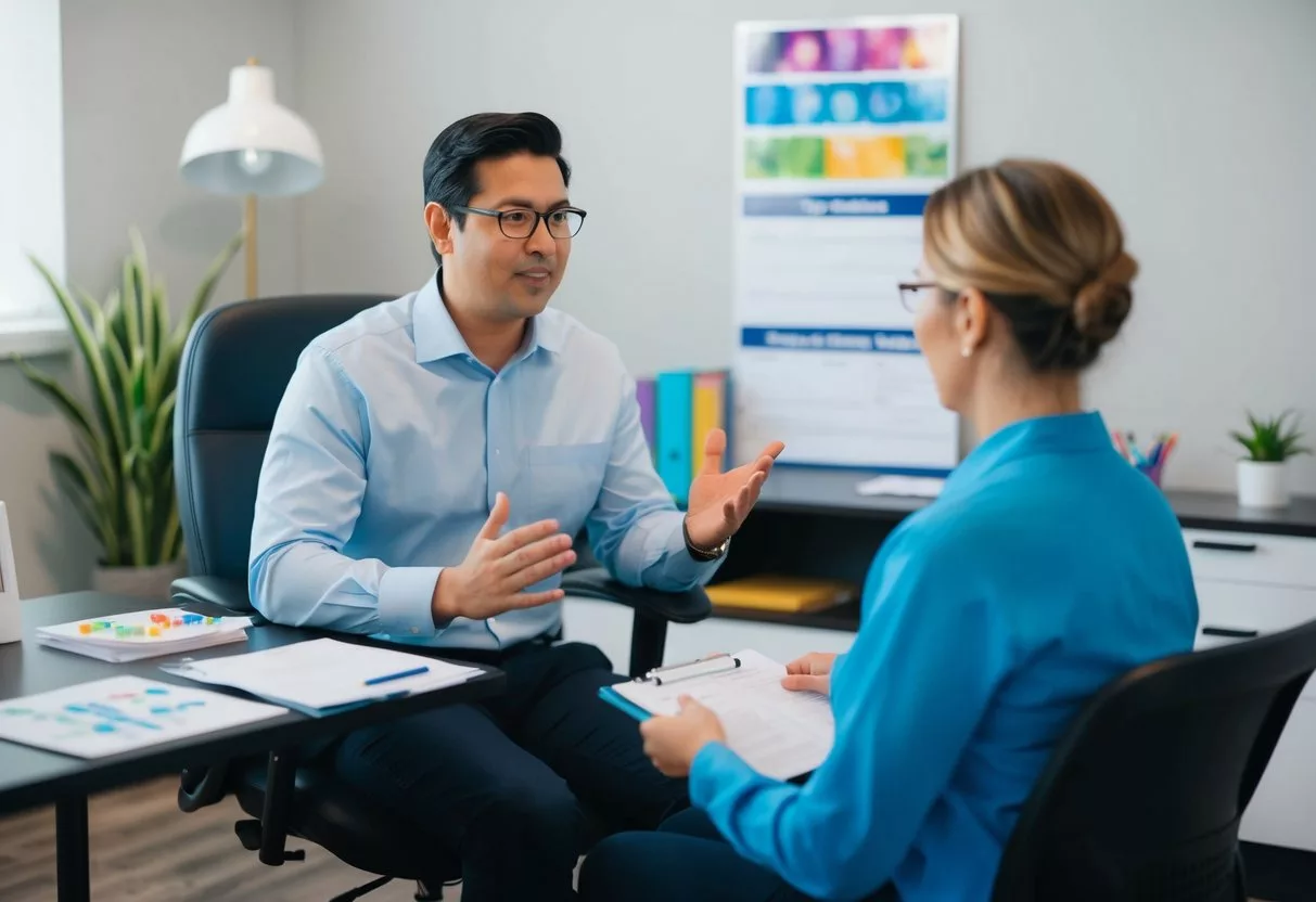 A person sitting in a therapy office, surrounded by various visual aids and worksheets. The therapist is engaged in conversation, using CBT techniques to address co-occurring disorders