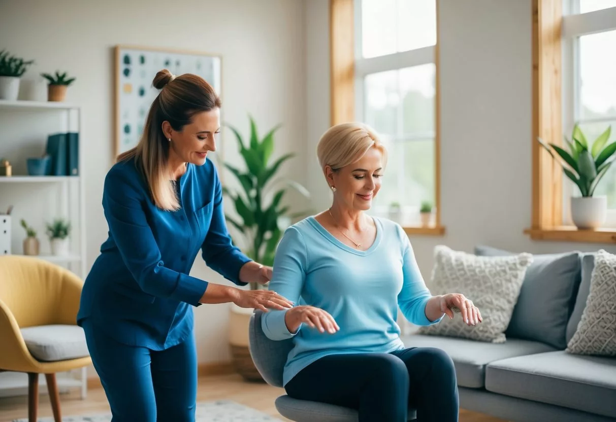 A therapist guiding a client through CBT exercises in a cozy, sunlit office with comfortable seating and calming decor