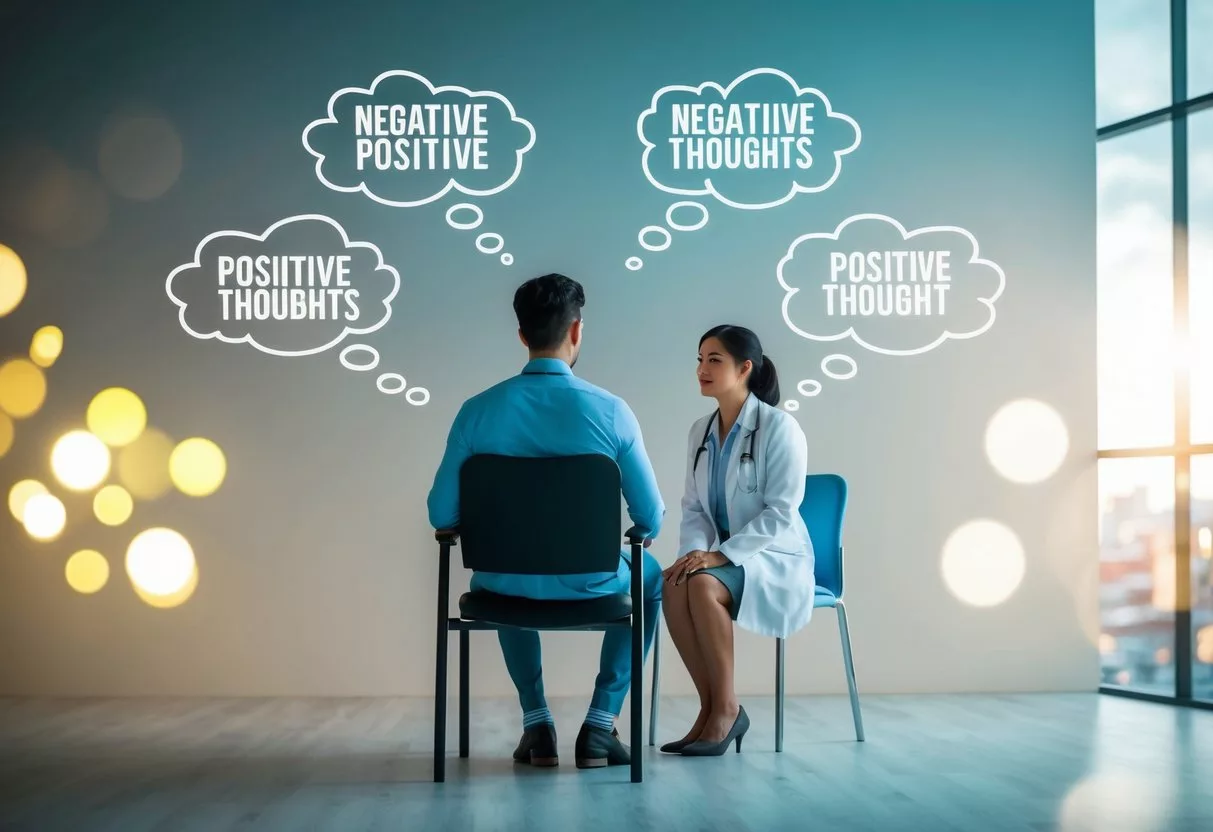 A person sitting in a chair facing a therapist, surrounded by thought bubbles depicting negative and positive thoughts