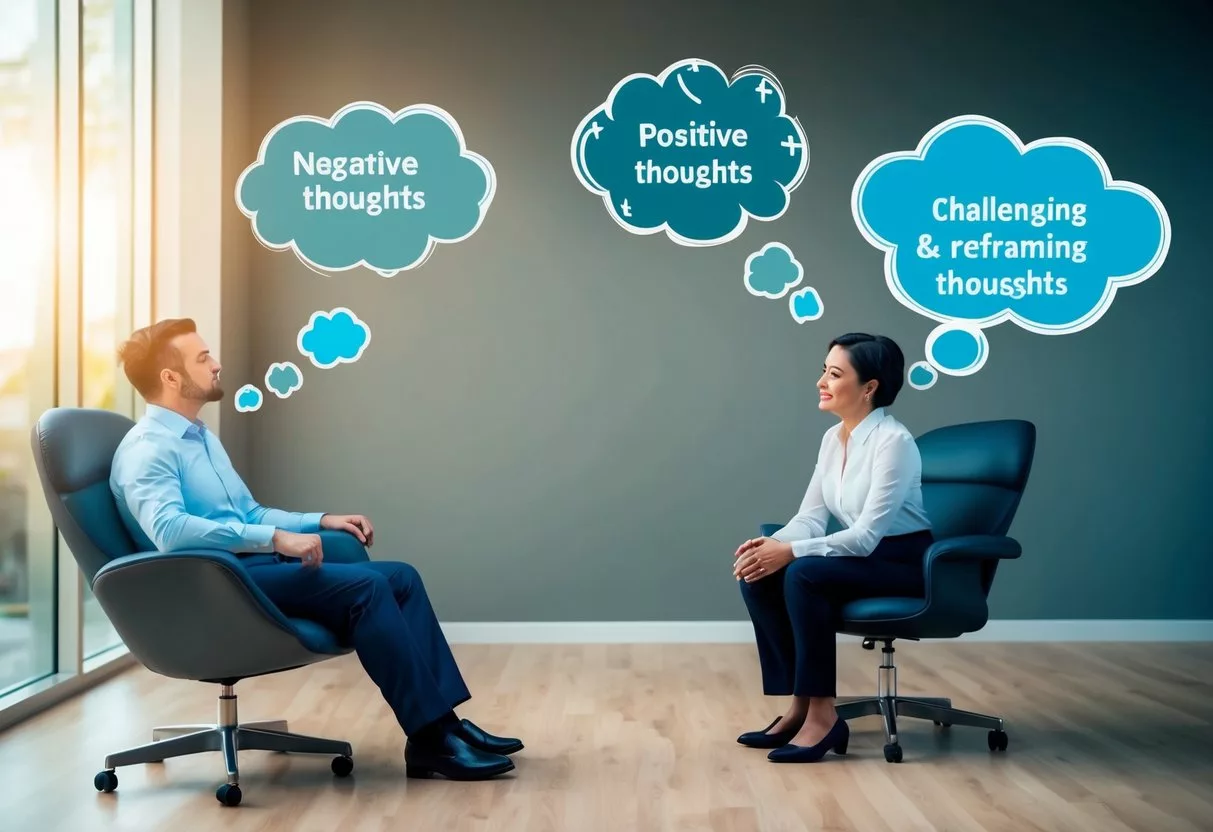 A person sitting in a chair, surrounded by thought bubbles with negative and positive thoughts. A therapist is guiding them through challenging and reframing their thoughts