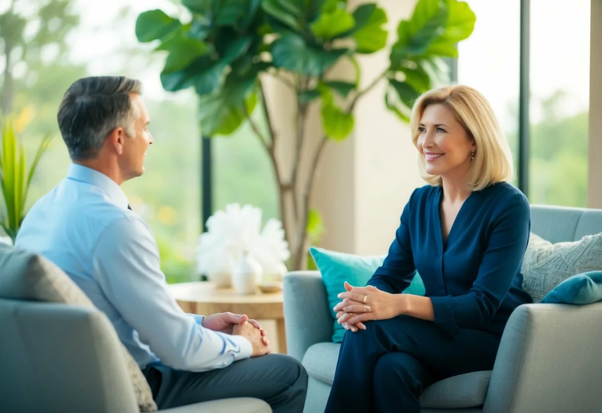 A serene setting with a counselor and client engaging in conversation, surrounded by calming elements such as nature, soft lighting, and comfortable seating