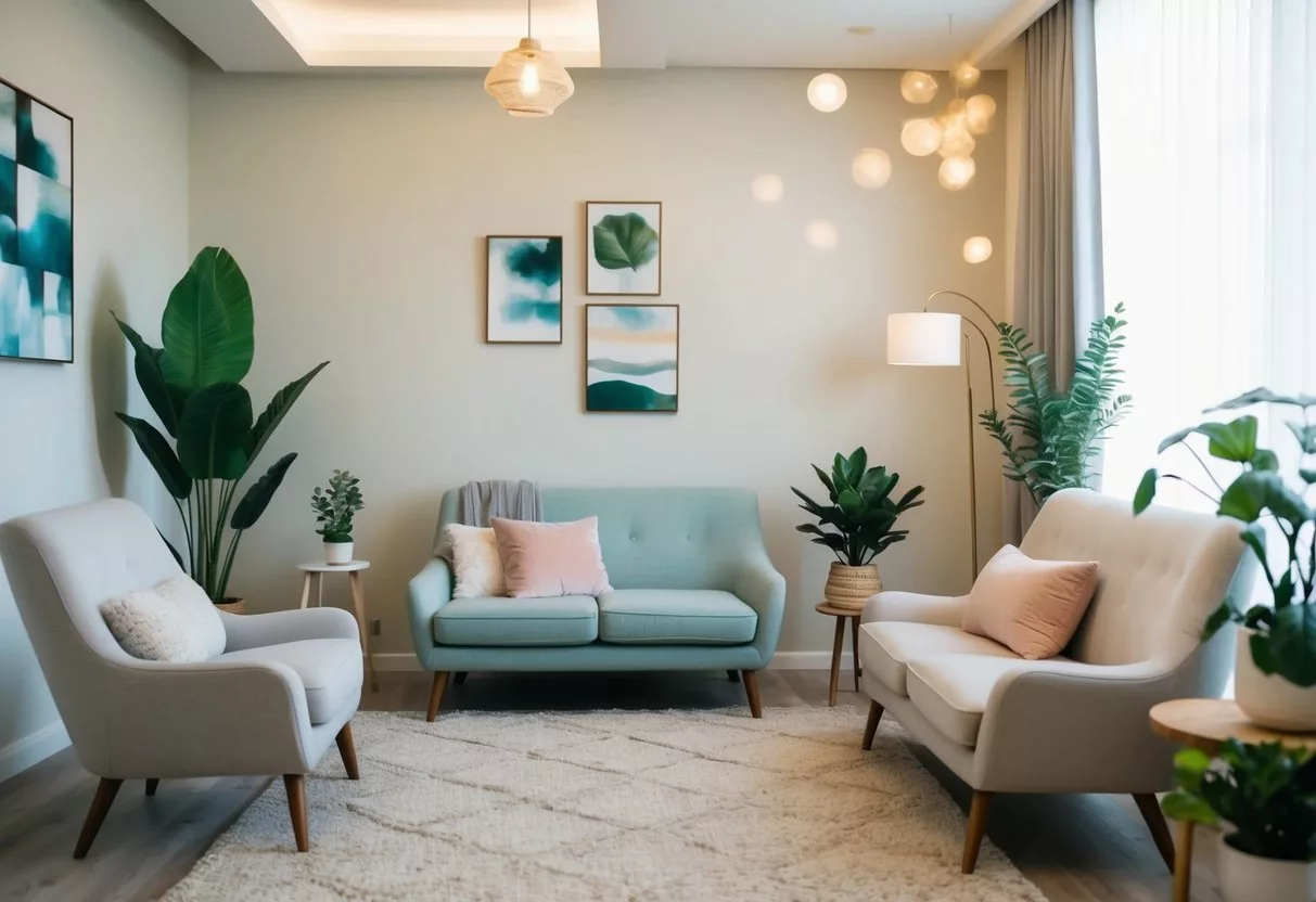 A serene room with soft lighting and comfortable seating, a cozy atmosphere with calming decor and plants, creating a safe and welcoming space for mental health counseling