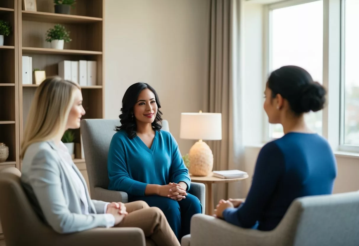 A counselor sits across from a client in a cozy office, listening attentively as the client shares their thoughts and emotions. A calming atmosphere is created with soft lighting and comfortable seating