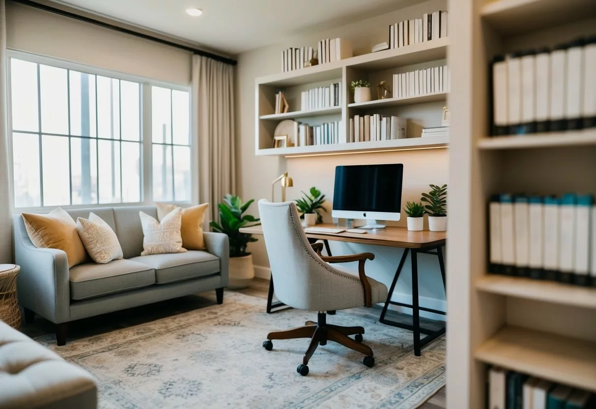 A cozy office with comfortable seating, soft lighting, and calming decor. A desk with a computer and bookshelves filled with resources