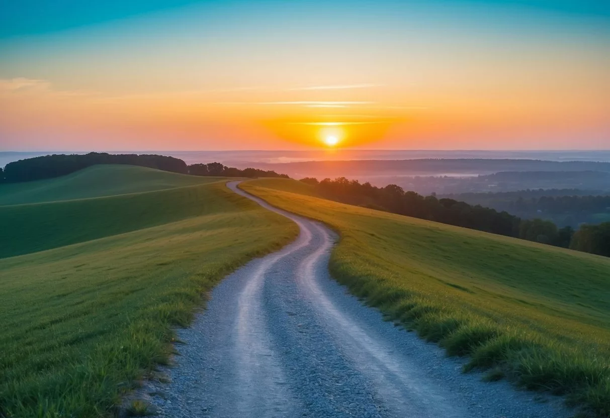 A serene landscape with a winding path leading towards a glowing horizon, symbolizing the journey of overcoming challenges in mental health counseling