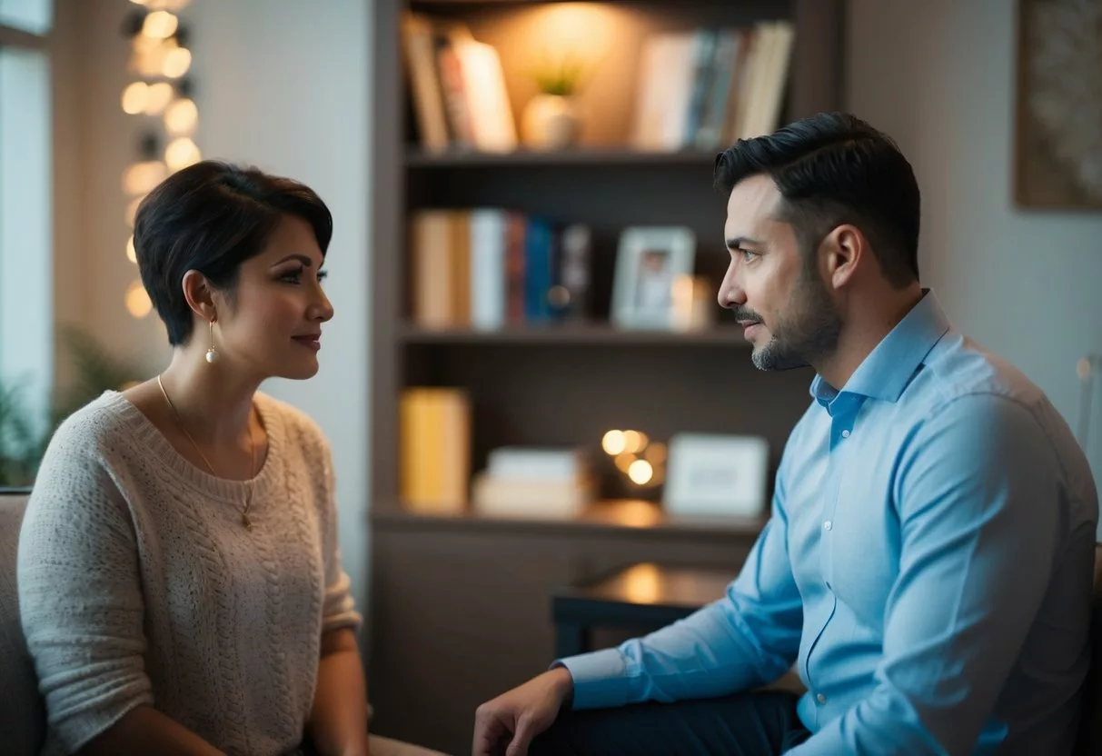 A counselor sits across from a patient in a cozy, softly lit office. The two engage in deep conversation, with the counselor listening attentively and offering support