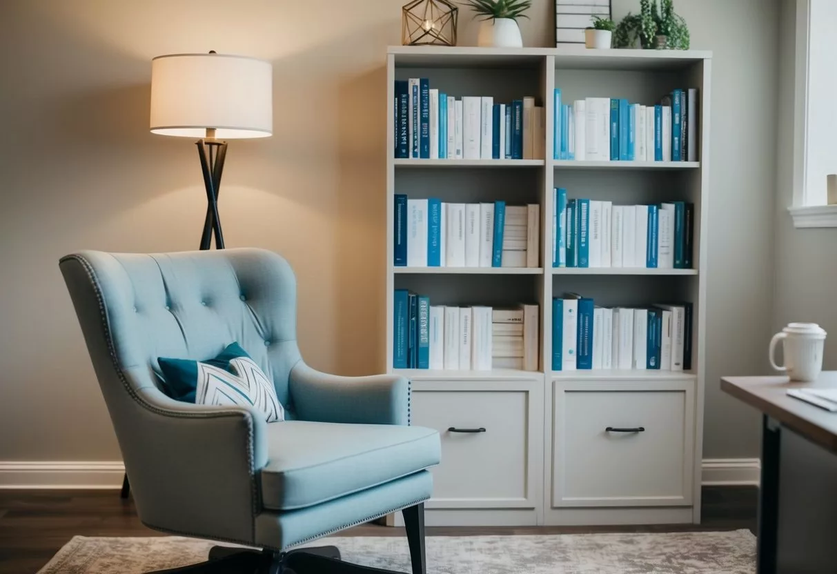 A cozy office with a comfortable chair, soft lighting, and a bookshelf filled with resources on mental health counseling