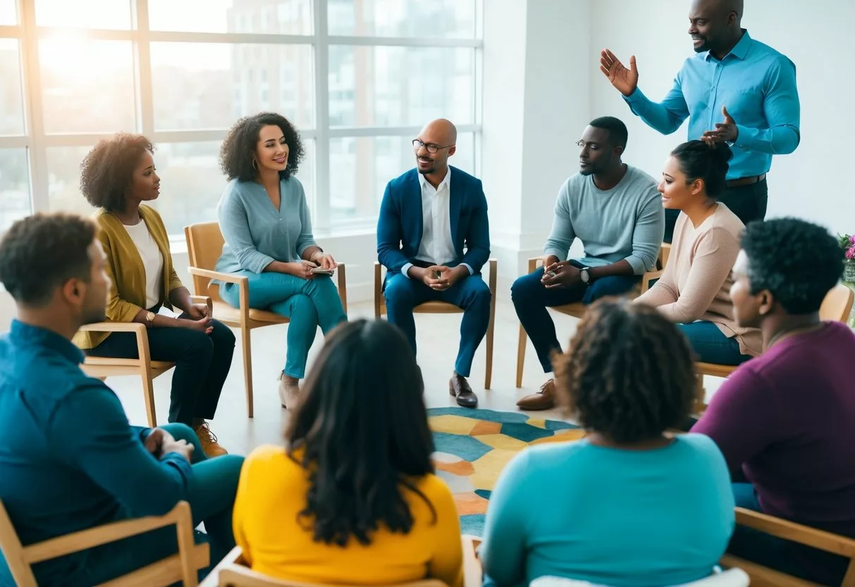 A diverse group of people sitting in a circle, engaging in a support group discussion led by a mental health counselor. The counselor is actively listening and providing guidance