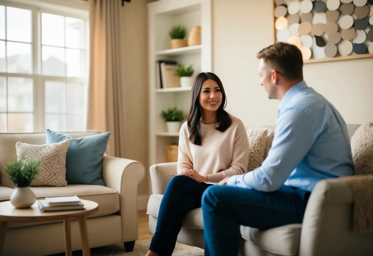 A person sitting in a cozy office, talking to a counselor. The room is warm and inviting, with soft lighting and comfortable furniture