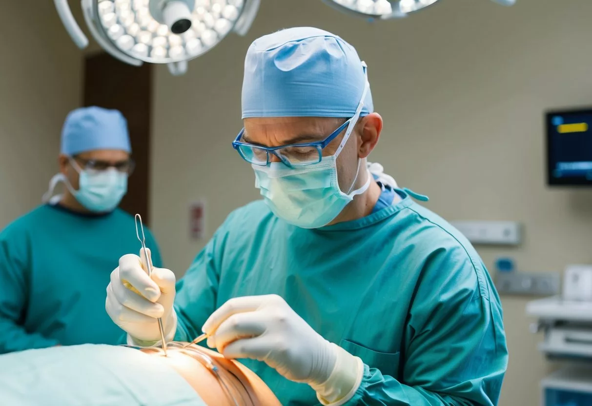 A surgeon carefully shapes and molds soft tissue to reconstruct a damaged area, using precise surgical tools and techniques