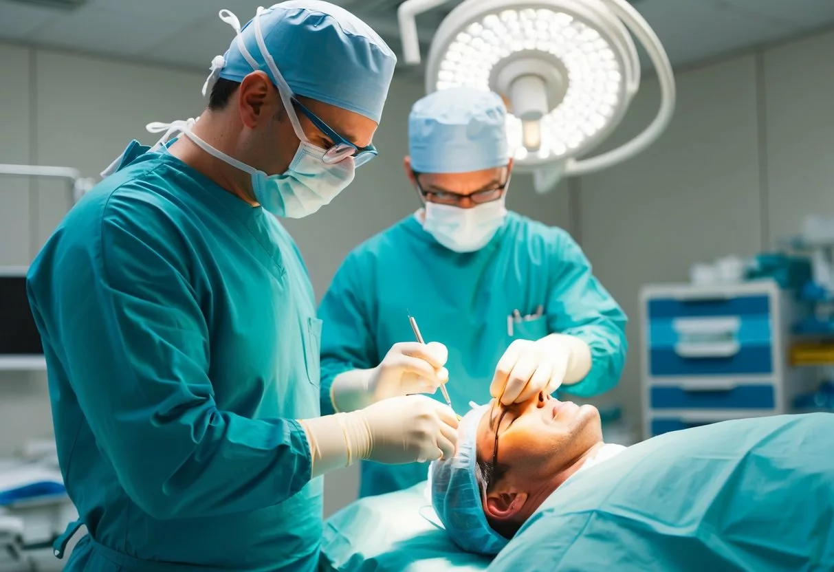 A surgeon in scrubs performs reconstructive surgery on a patient's damaged tissue, using precise tools and techniques in a sterile operating room