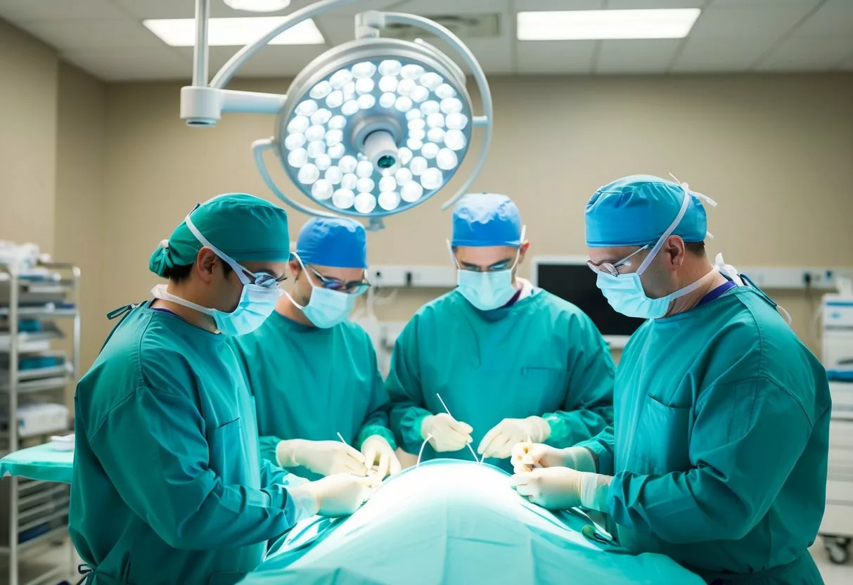 A surgeon and a team of medical professionals performing reconstructive surgery in an operating room