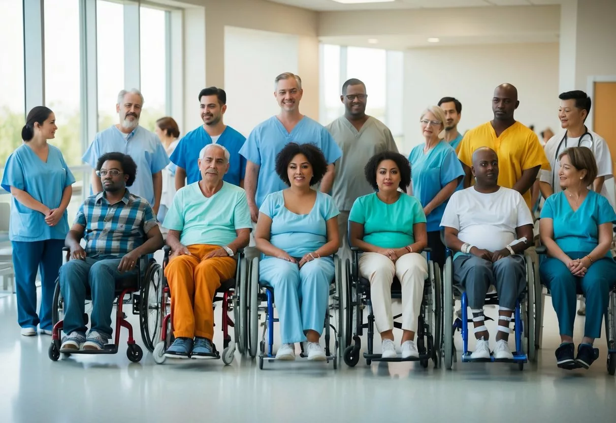 A diverse group of people from different ethnic backgrounds and age groups, all with varying physical disabilities or injuries, are gathered in a hospital waiting room, waiting for reconstructive surgery