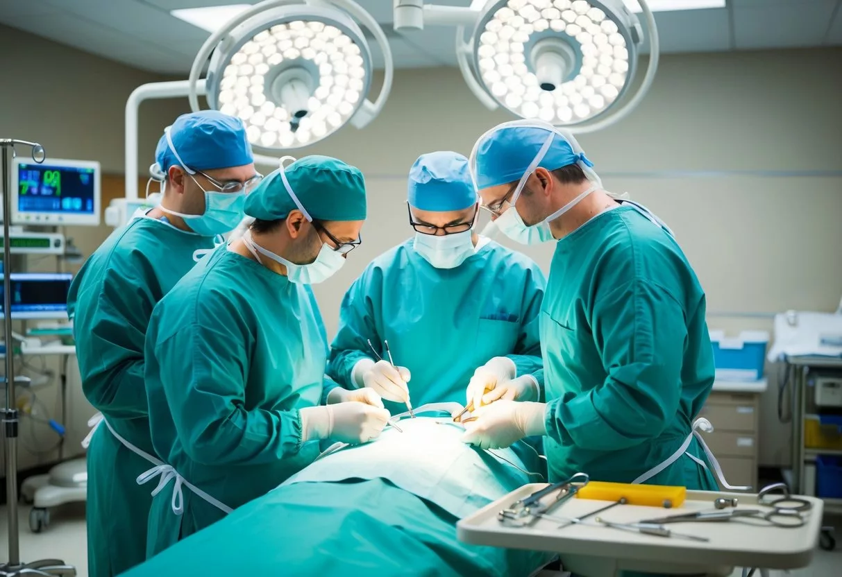 A medical team performing cancer-related reconstructive surgery in an operating room, with surgical tools and equipment visible