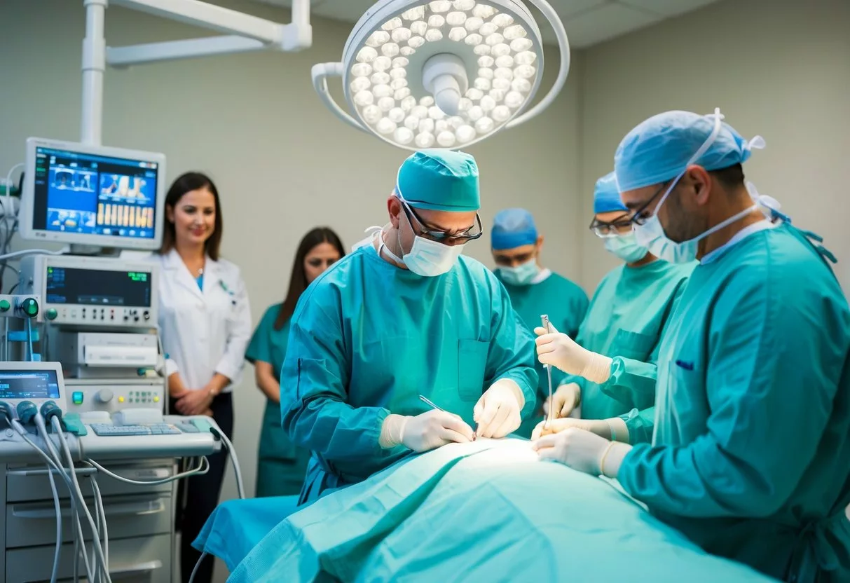 A surgeon performing a reconstructive procedure, surrounded by medical equipment and a team of assistants