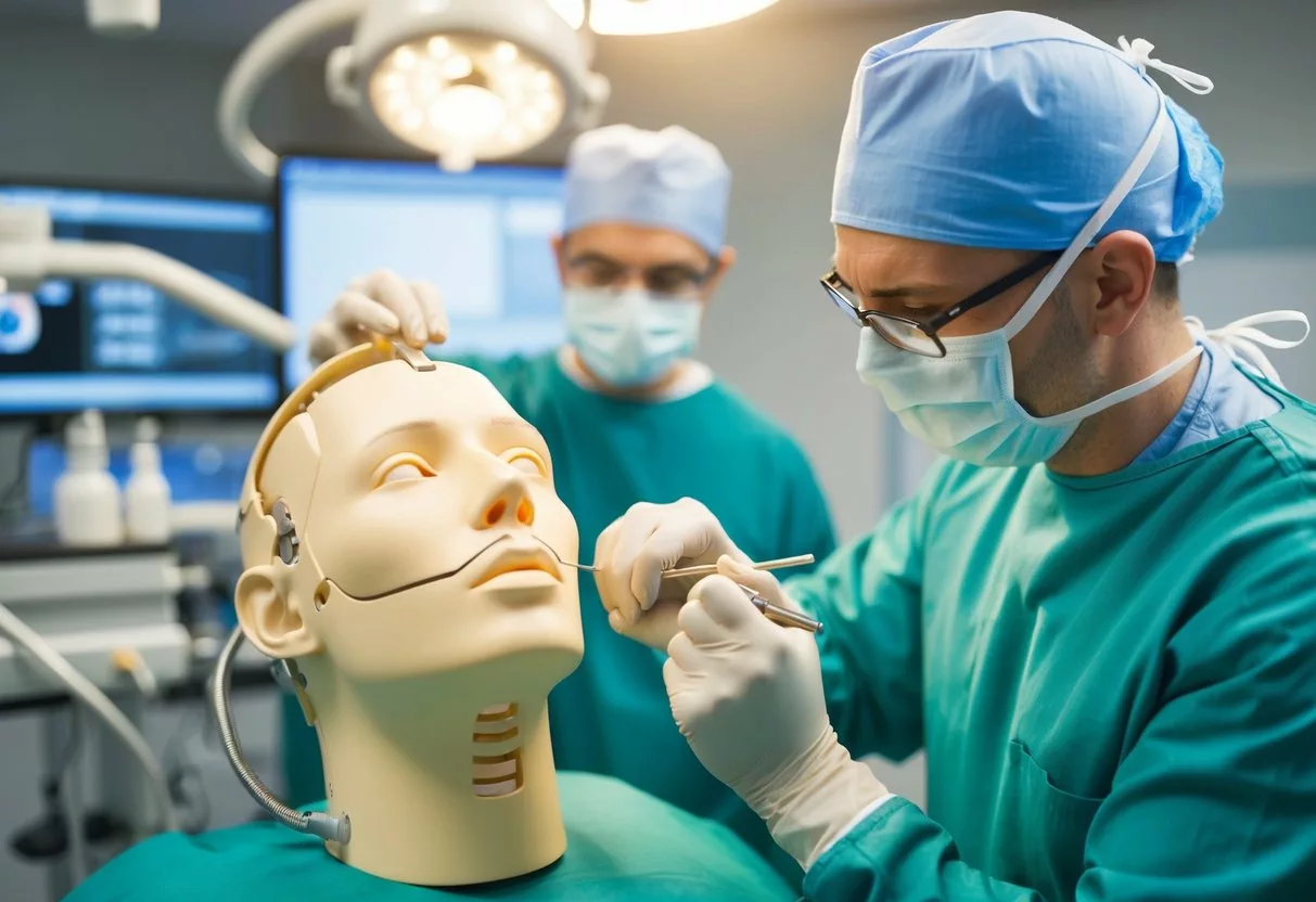 A surgeon carefully crafting and refining a 3D model of a facial reconstruction using advanced technology and precision tools