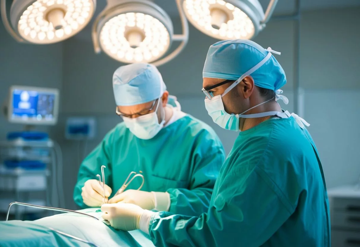 A surgeon in a sterile operating room performing a specialized reconstructive procedure using surgical instruments and medical equipment