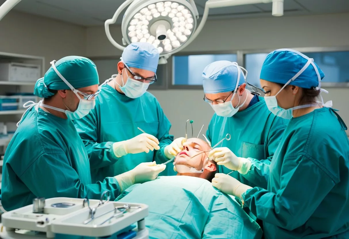 A surgical team in an operating room, performing reconstructive surgery on a patient's injured face, using medical instruments and advanced technology