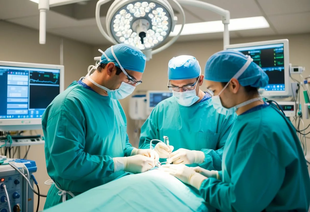 A surgical team carefully performs reconstructive surgery, surrounded by medical equipment and monitors in a sterile operating room