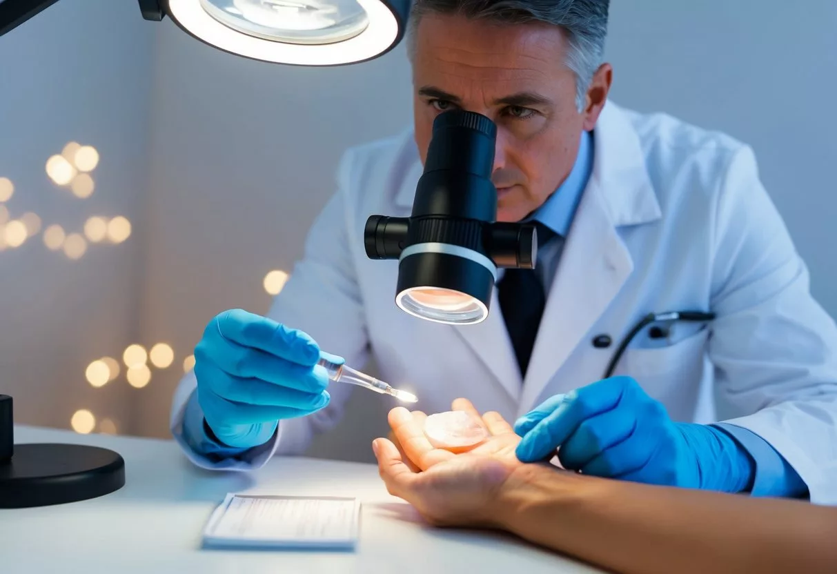 A dermatologist examining a magnified skin sample under a bright light