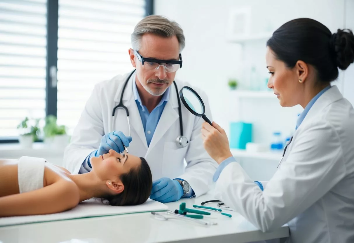 A dermatologist examining various skin conditions and making diagnoses using a magnifying glass and medical tools on a clean, white examination table