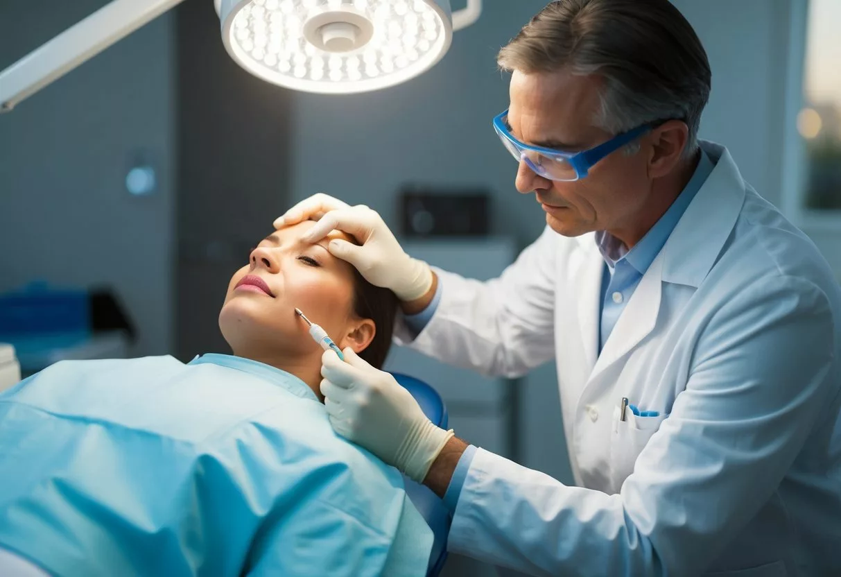 A dermatologist carefully examines a patient's skin under a bright light, identifying and marking areas of concern for Mohs surgery