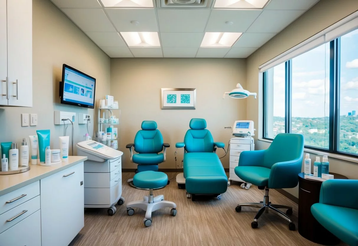 A dermatologist's office with a variety of skincare products, medical equipment, and comfortable seating for patients