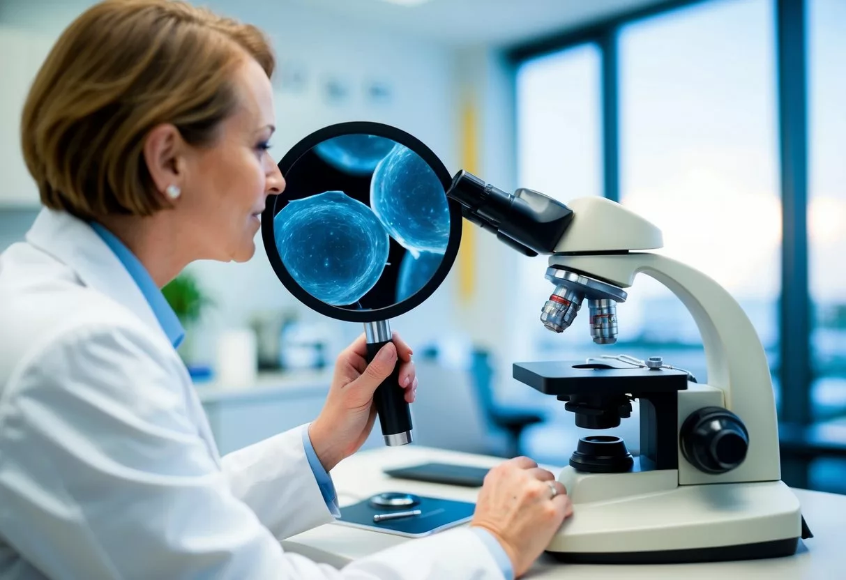 A dermatologist examining a magnified image of skin cells under a microscope in a clinical setting