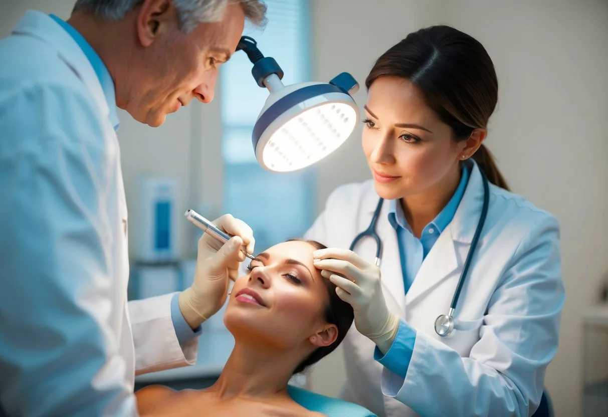 A dermatologist examining a patient's skin under a bright light in a clinical setting