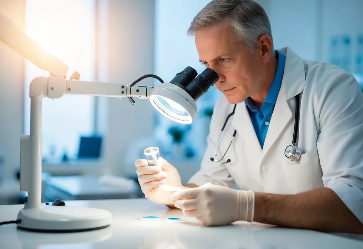 A dermatologist examining a magnified skin sample under a bright light in a clinical setting