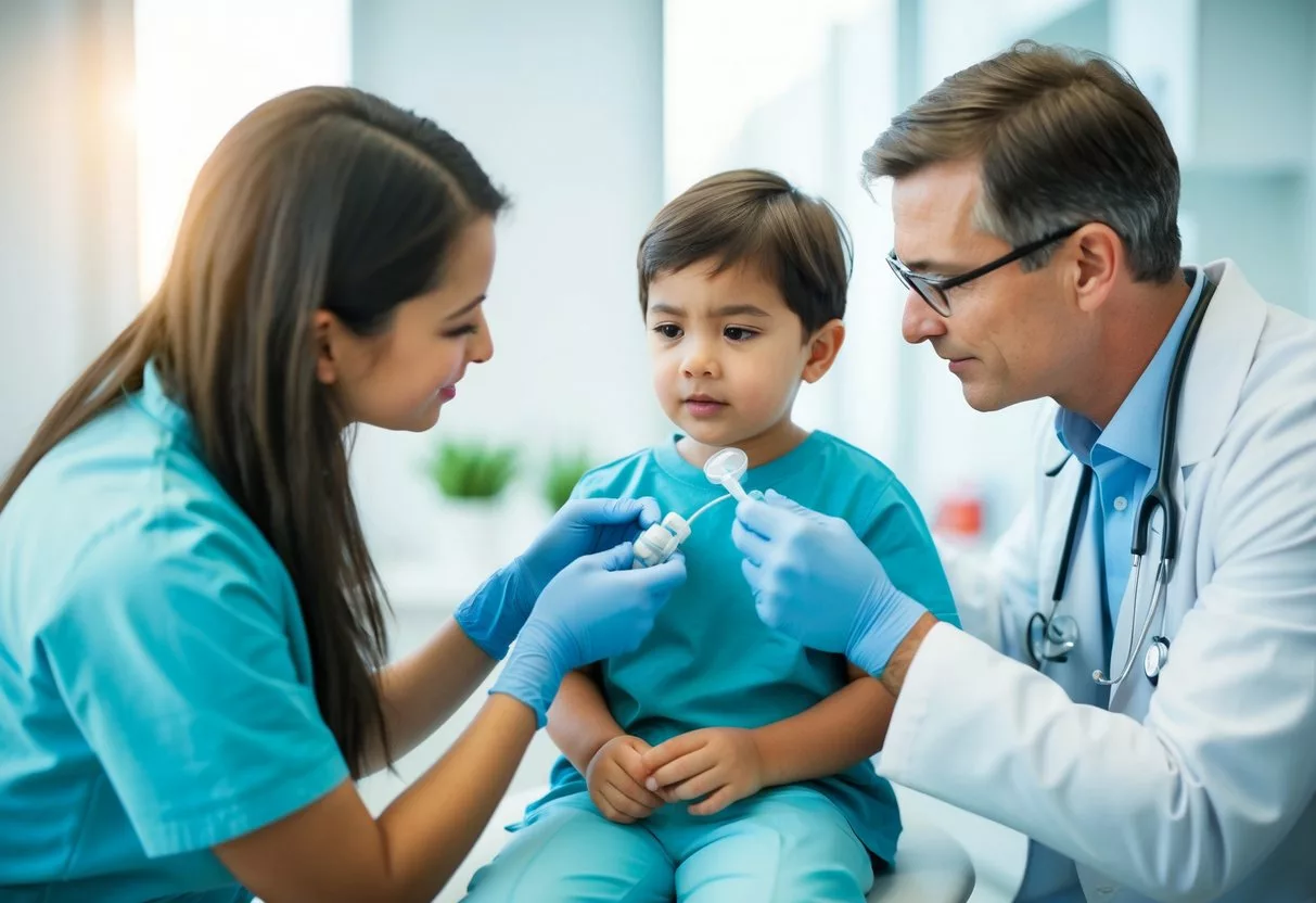 A child receiving dermatologic care from a dermatologist in a clinical setting