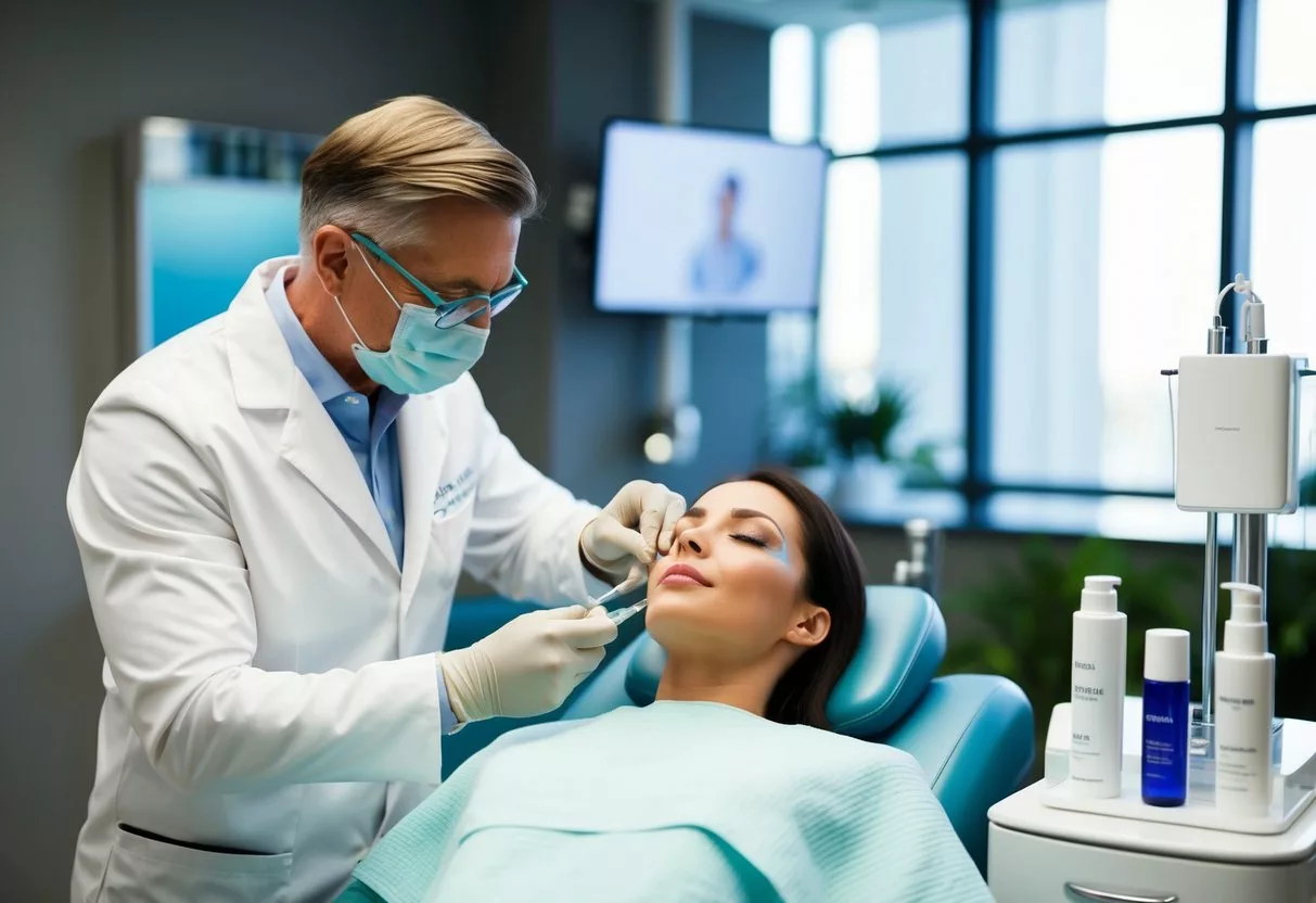 A dermatologist performing cosmetic procedures in a modern clinic setting with medical equipment and skincare products on display