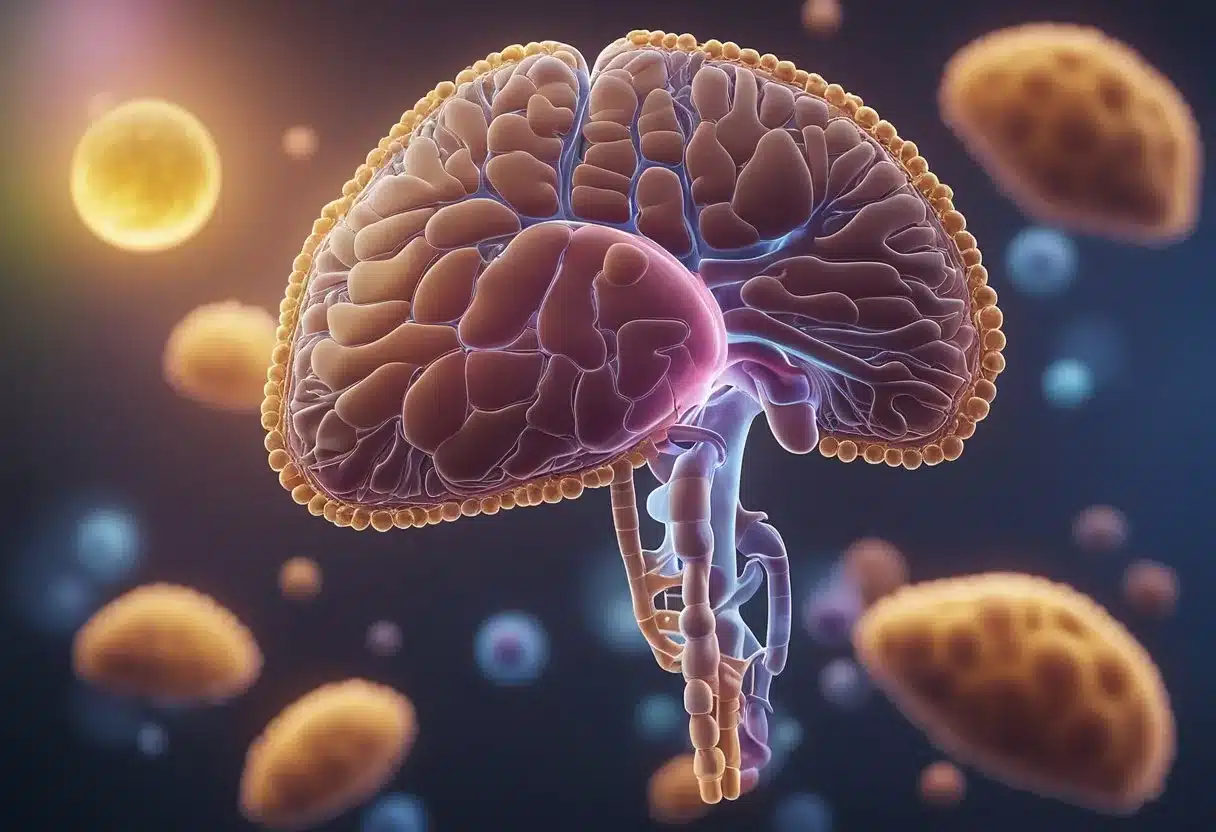 The liver is shown with enzyme levels elevated, depicted through visual indicators such as color changes or symbols representing heightened activity