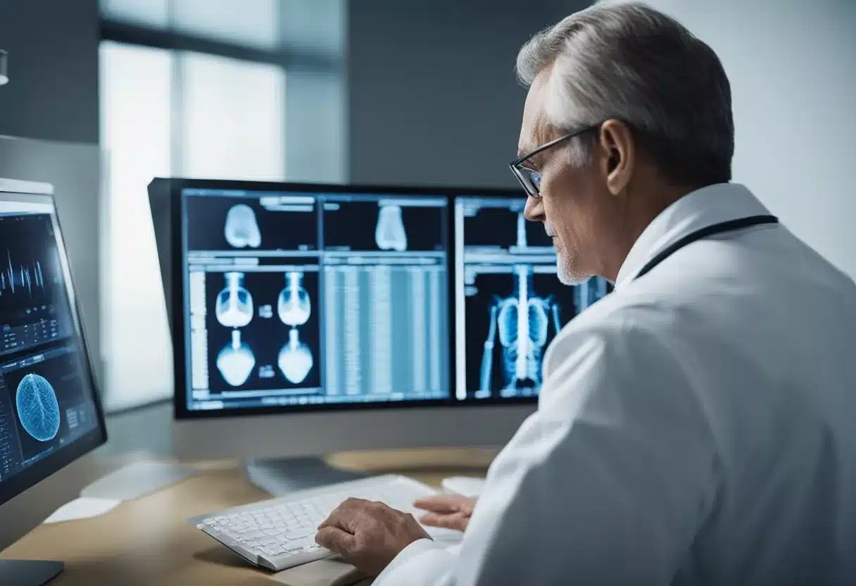 A doctor reviewing lab results showing elevated parathyroid hormone levels and a patient experiencing symptoms such as bone pain and kidney stones