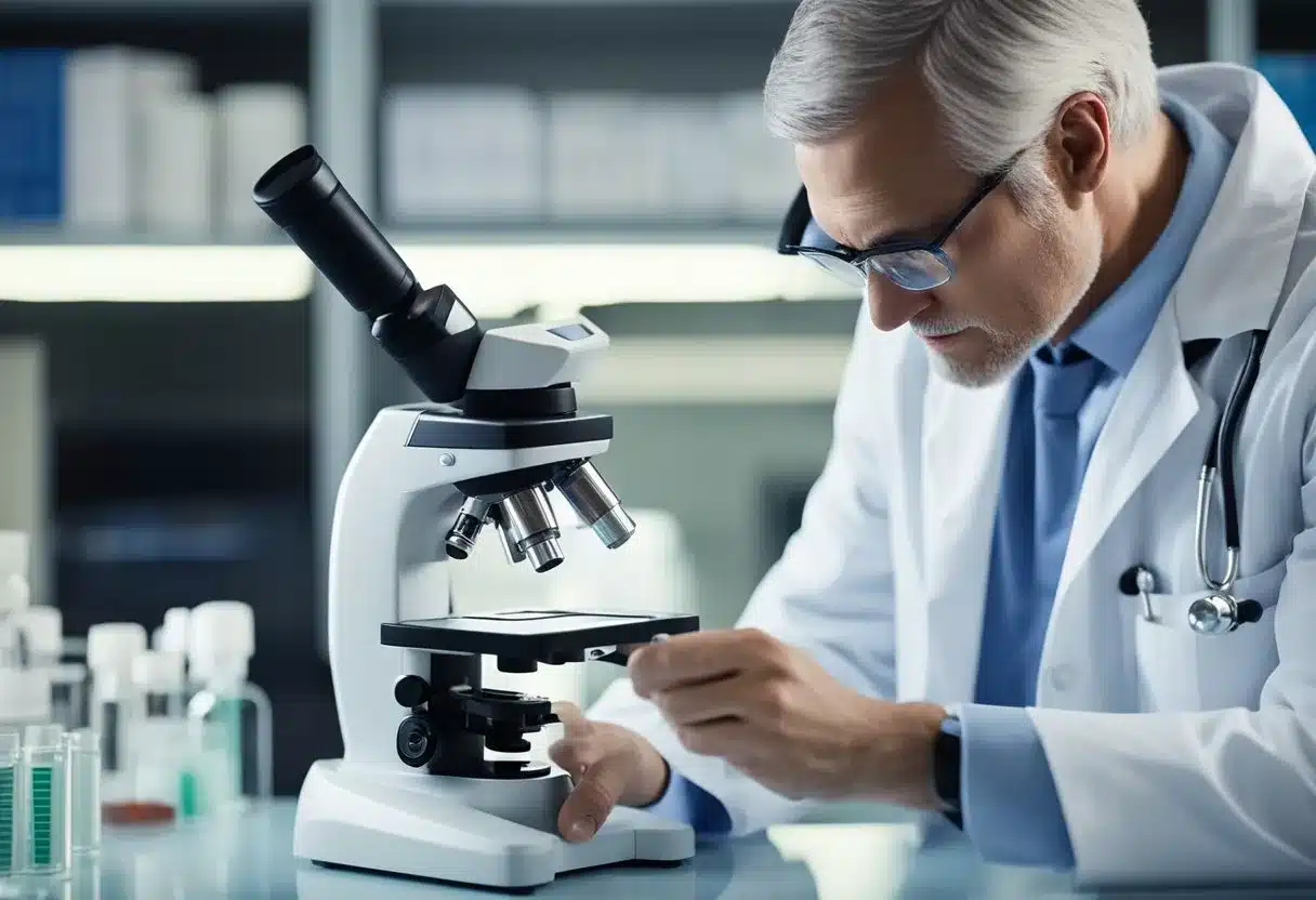 A doctor in a lab coat examines a blood sample under a microscope, with a chart showing elevated levels of parathyroid hormone in the background