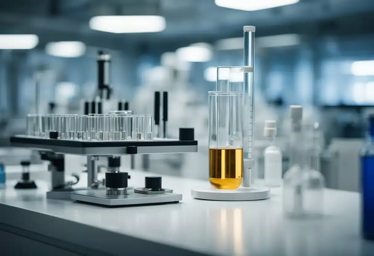 A laboratory setting with a test tube containing a high level of parathyroid hormone. Surrounding equipment indicates risk factor mitigation and prevention research