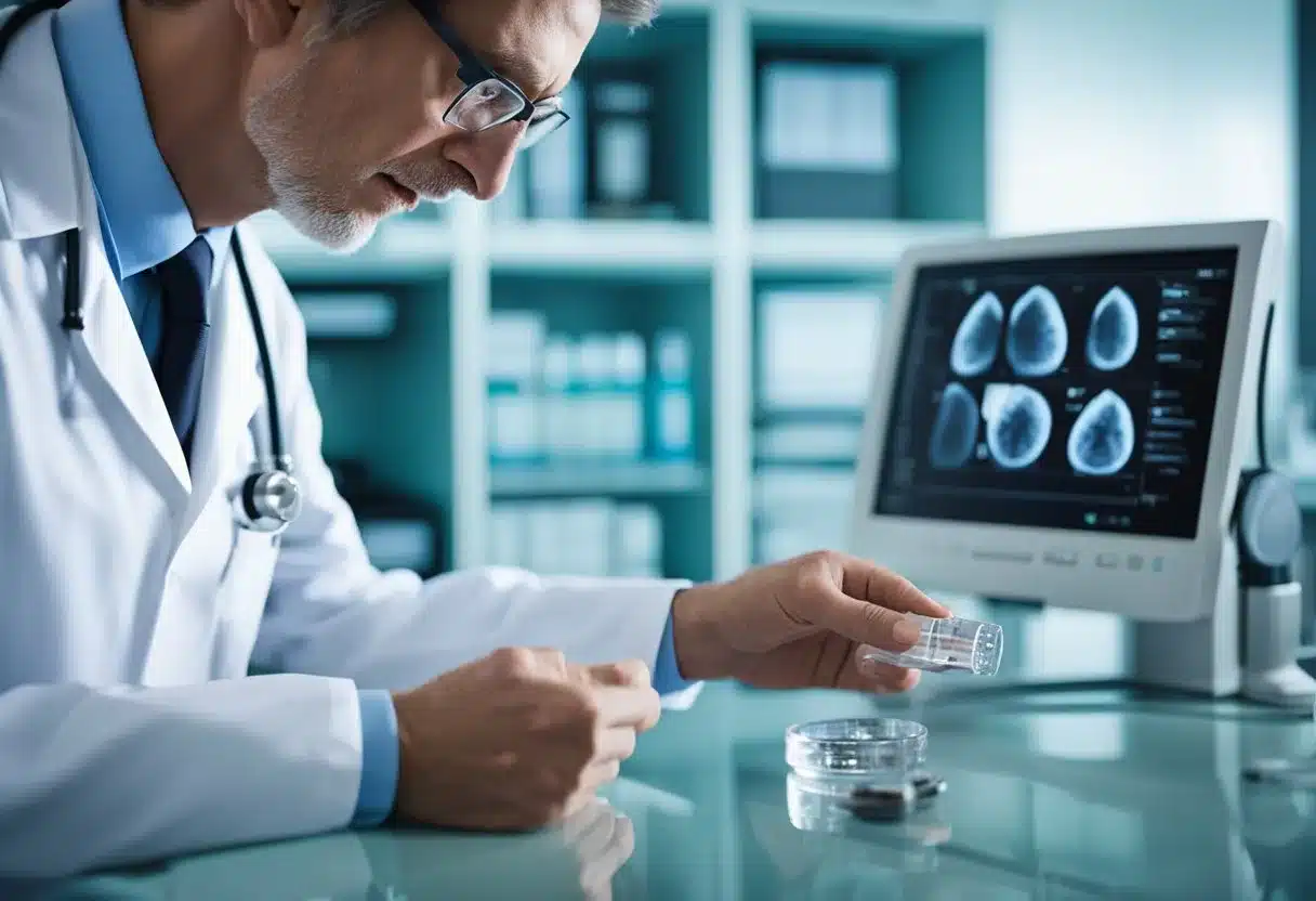 A doctor examines a blood test showing elevated parathyroid hormone levels. X-rays and scans reveal potential causes of hyperparathyroidism