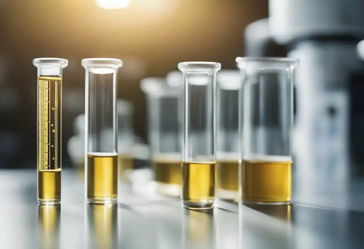 A test tube with urine showing the presence of albumin, surrounded by medical equipment and a chart showing the potential risk factors and prevention methods