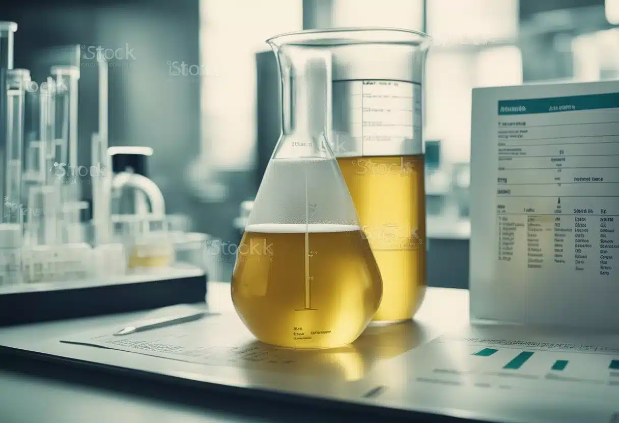 A laboratory beaker containing urine with albumin, surrounded by medical equipment and charts