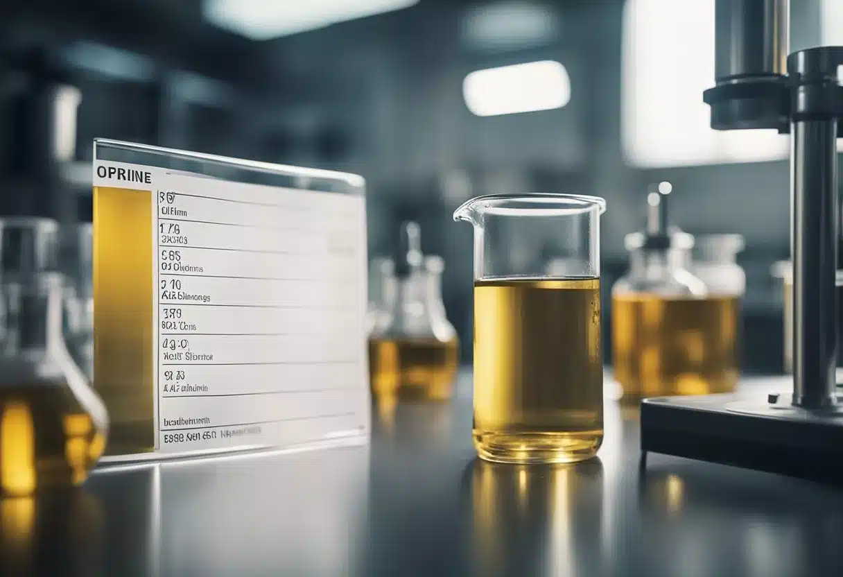 A laboratory setting with a test tube containing urine, and a chart showing the process of albumin passing into the urine