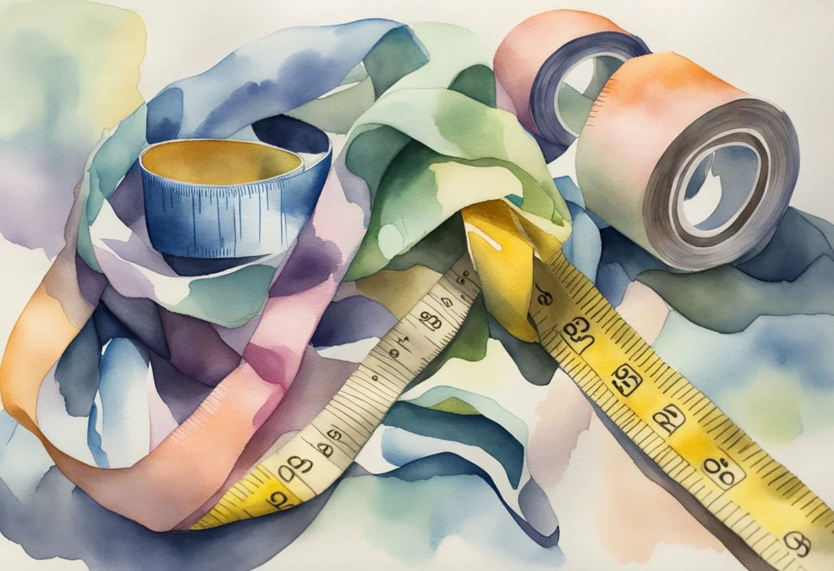 A tape measure wrapped around a shrunken waistline, with a pile of oversized clothing in the background