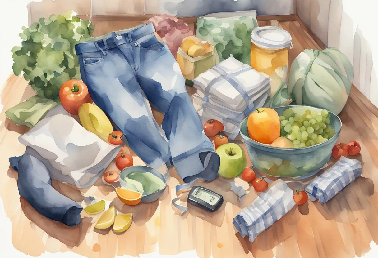 A pile of oversized pants and a measuring tape stretched to its limit on the floor, surrounded by a collection of healthy food and an empty scale