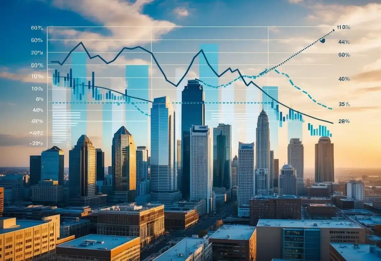 A bustling city skyline with graphs and charts overlaying the buildings, representing economic data and future projections for the development of assisted living facilities