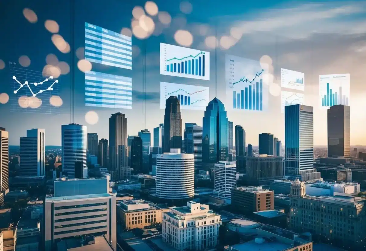 A bustling city skyline with various buildings and financial charts projected onto the walls, symbolizing the regulatory environment and compliance in the assisted living industry