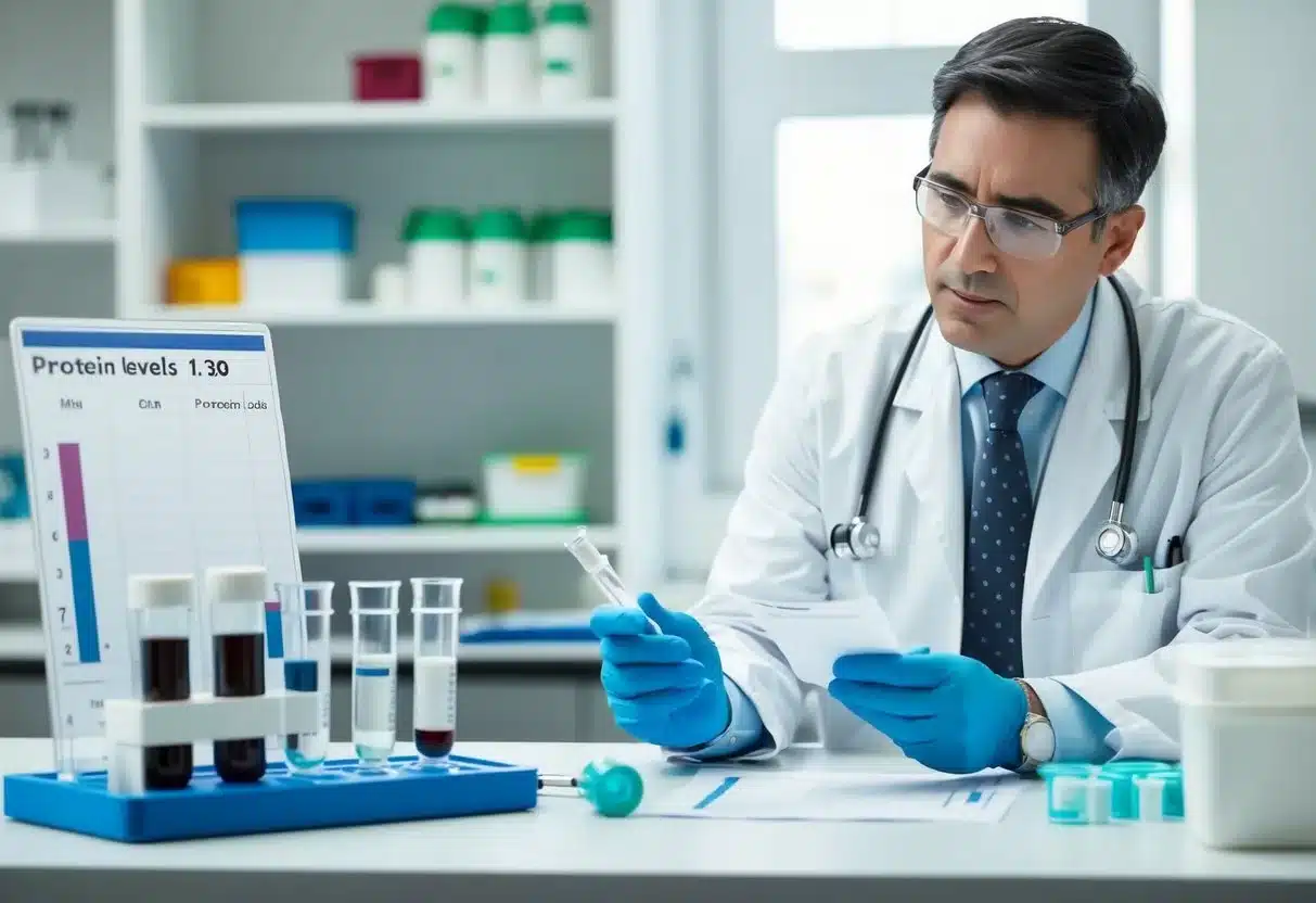 A laboratory table with test tubes and equipment for blood analysis. A chart showing protein levels and a perplexed doctor reviewing the results