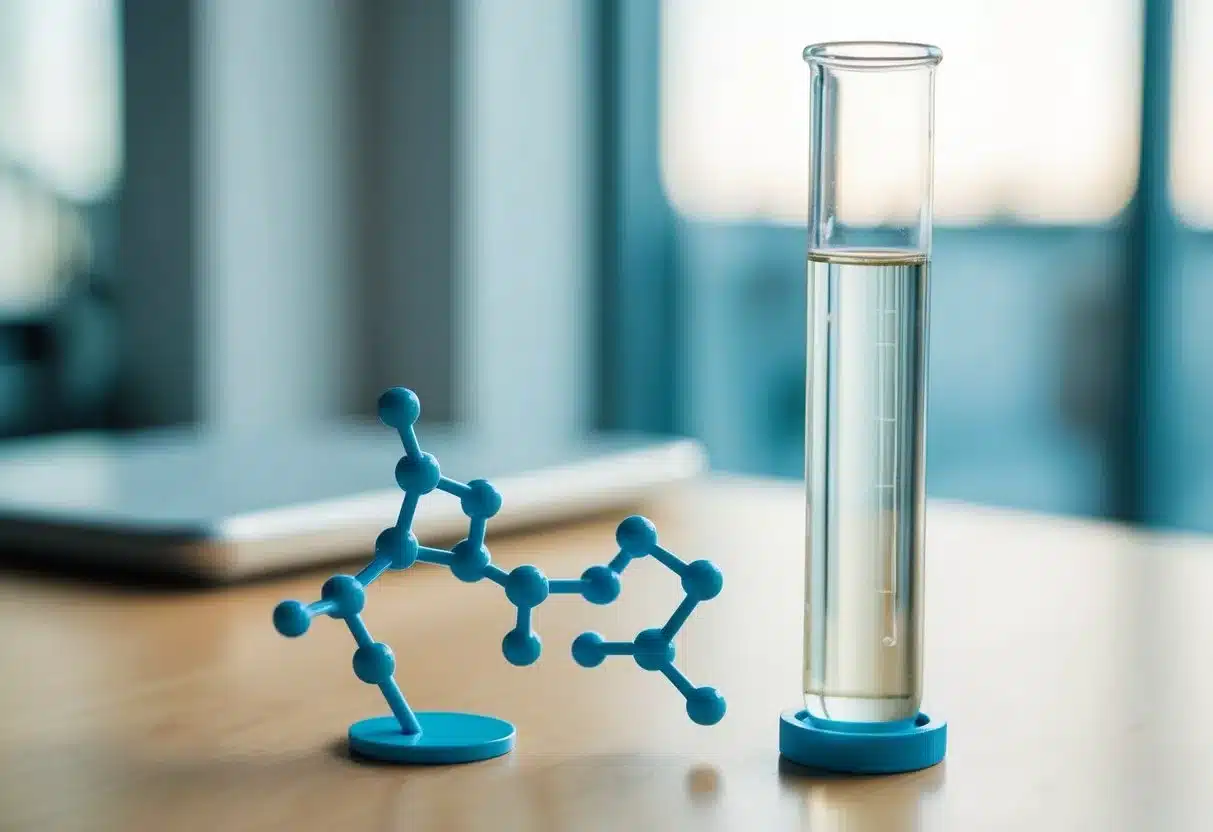 A test tube with a small amount of clear liquid and a protein molecule structure model next to it